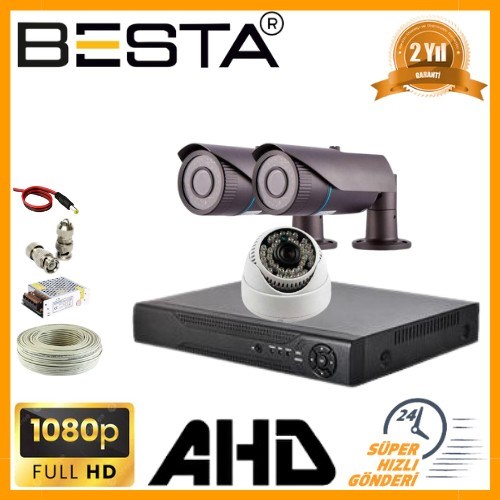 2MP 1080P 2 Dış 1 İç Mekan Kameralı AHD Güvenlik Seti