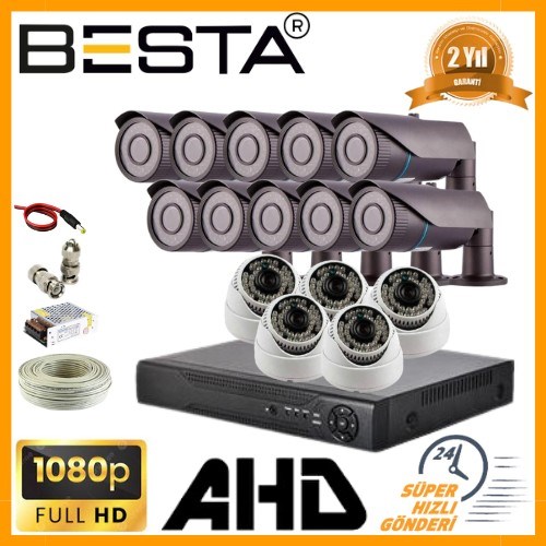 2MP 1080P 10 Dış 5 İç Mekan Kameralı AHD Güvenlik Seti