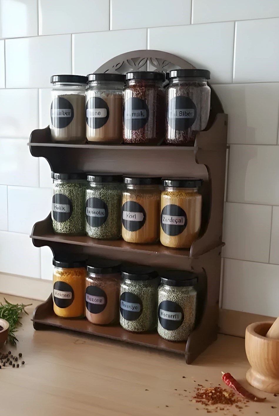 12’li Meşe Rengi Mdf Standlı Dekoratif Baharatlık Seti - Baharatlık Takımı