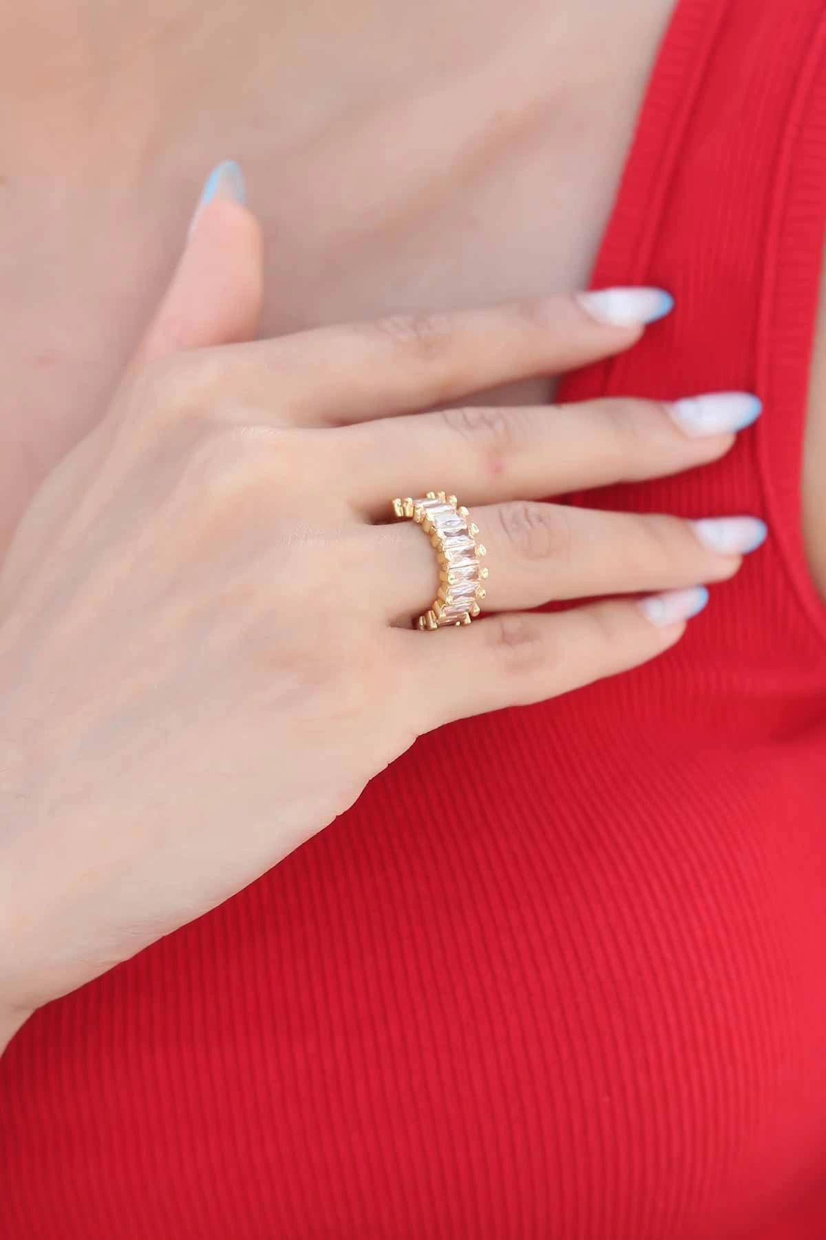 Mey İthalat® Zirkon Taşlı Baget Gold Renk Kadın Yüzük