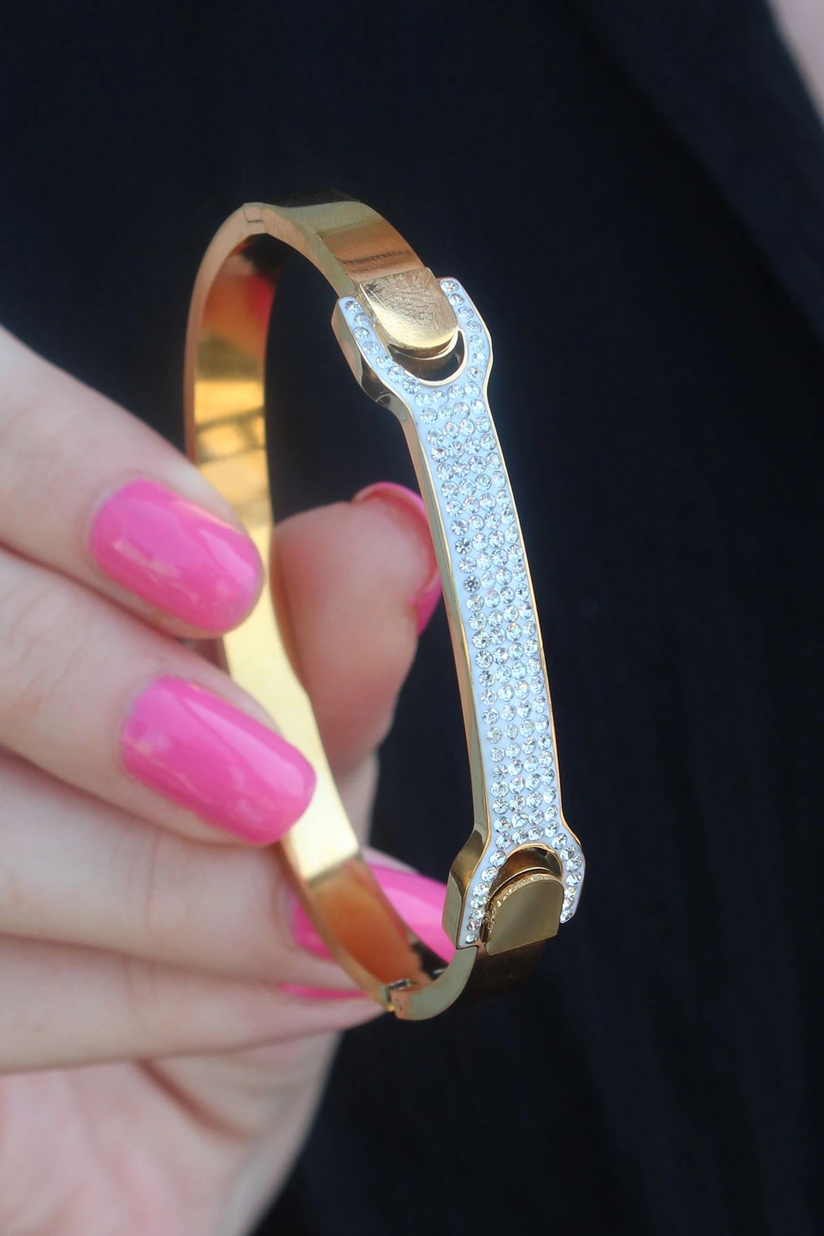 Mey İthalat® 316L Çelik Gold Renk Zirkon Taşlı Kadın Kelepçe