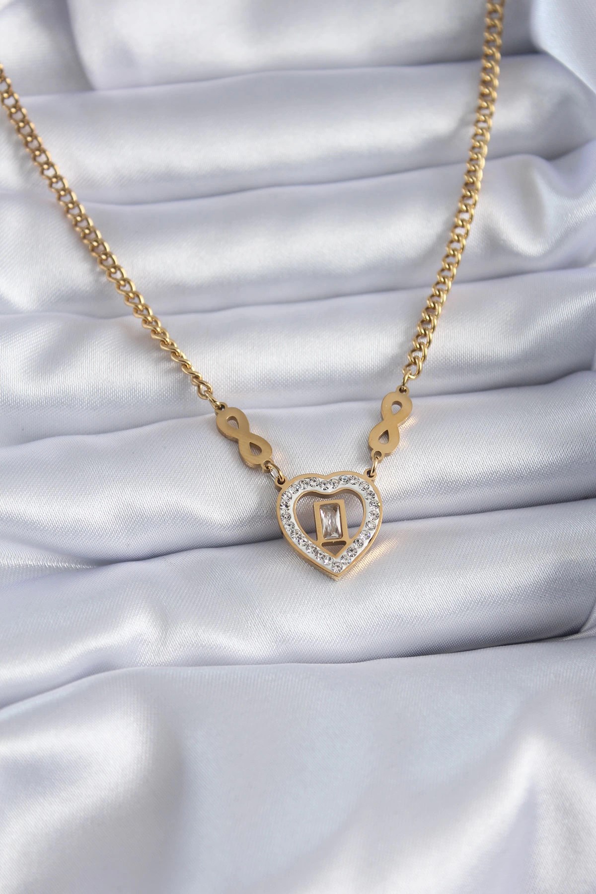 Mey İthalat® 316L Çelik Gold Renk Zirkon Taşlı Kalp Model Sonsuzluk Detay Kadın Kolye