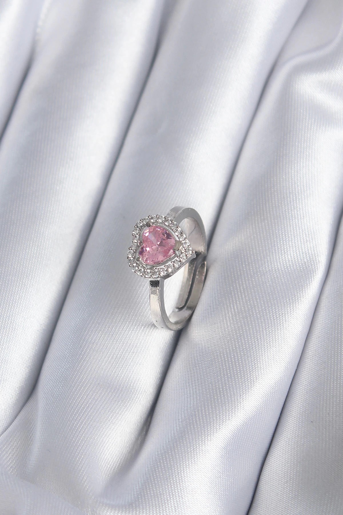 Mey İthalat® Pirinç Gümüş Renk Pembe Zirkon Taşlı Charm Model Kadın Yüzük