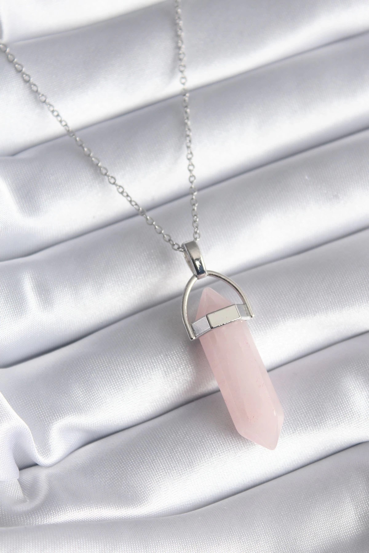 Mey İthalat® 316L Çelik Gümüş Renk Pembe Taşlı Kadın Kolye
