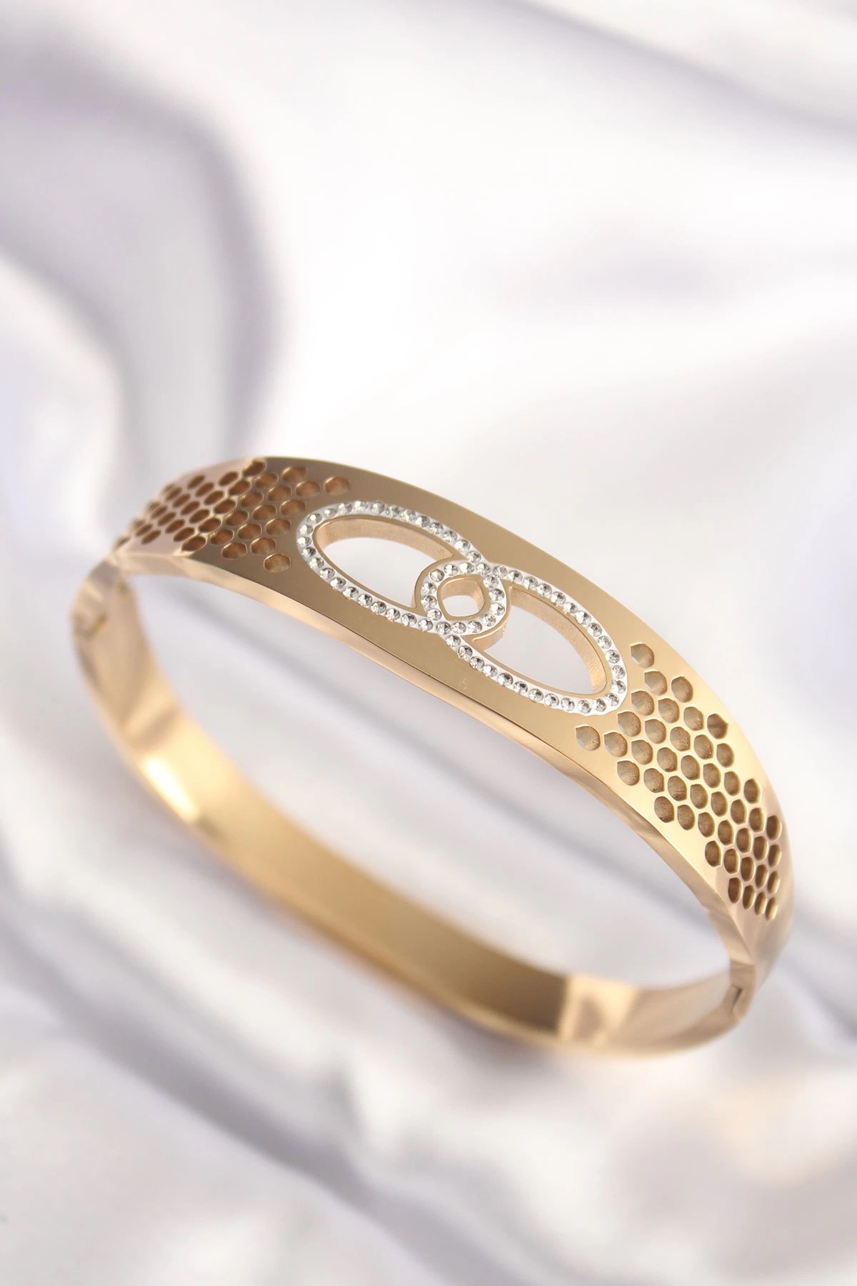 Mey İthalat® 316L Çelik Gold Renk Zirkon Taşlı Kadın Kelepçe Bilezik