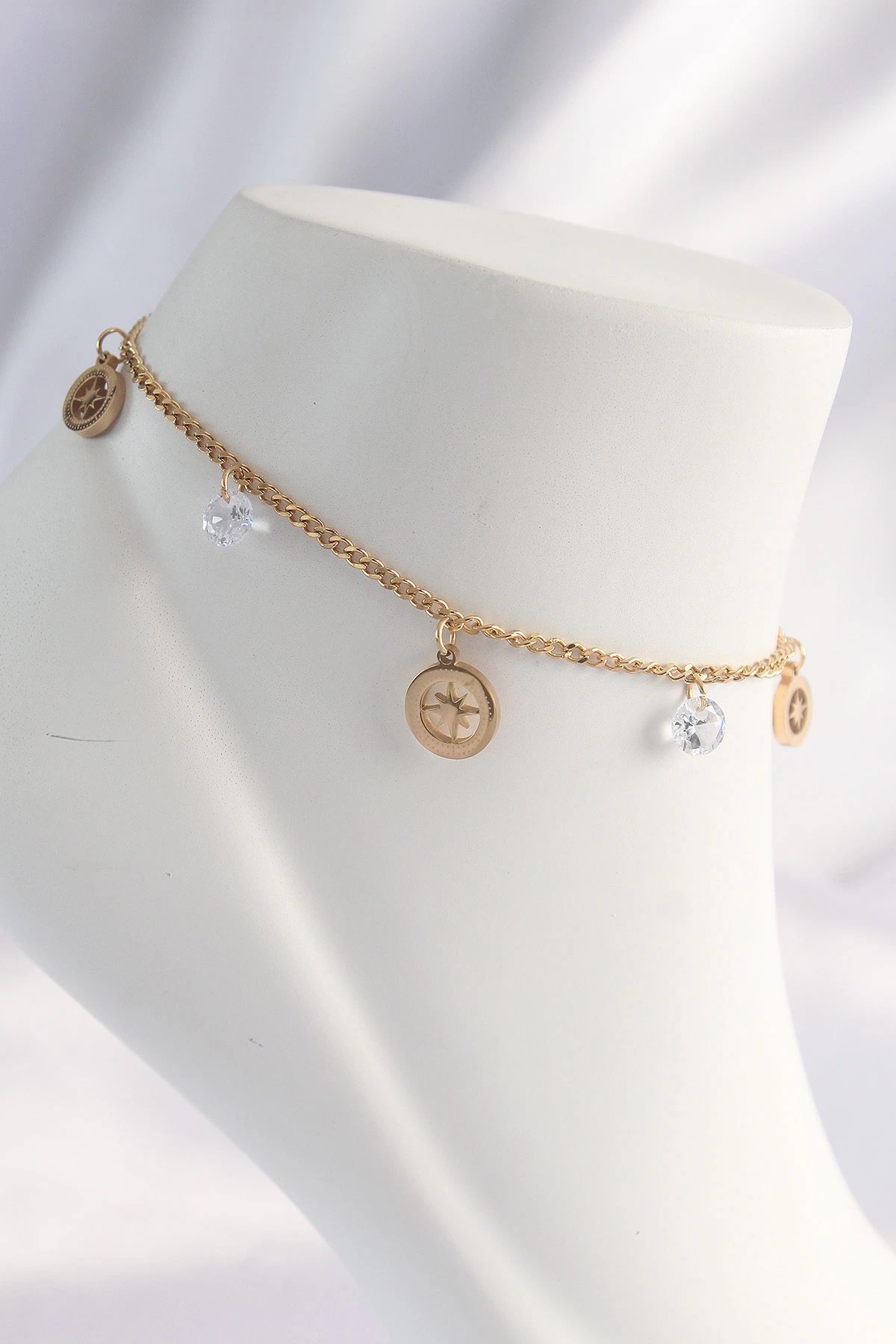 Mey İthalat® 316L Çelik Gold Renk Zirkon Taşlı Yıldızlı Halhal