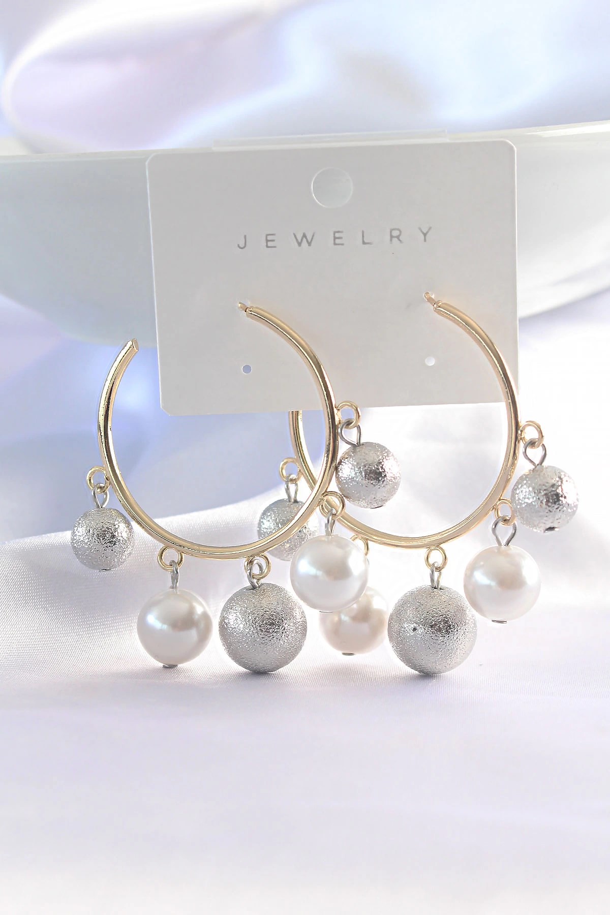 Mey İthalat® Pirinç Gümüş Renk Topçuk Model Gold Renk Halka Küpe