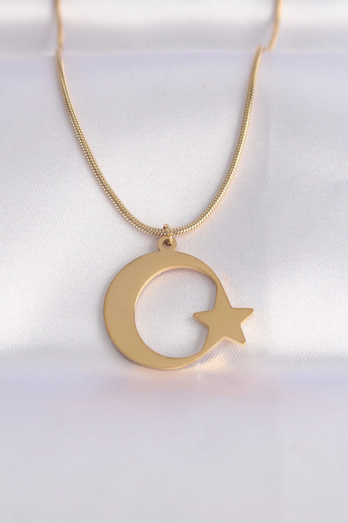 Mey İthalat® 316L Çelik Zincir Gold Renk Ay Yıldız Unisex Kolye
