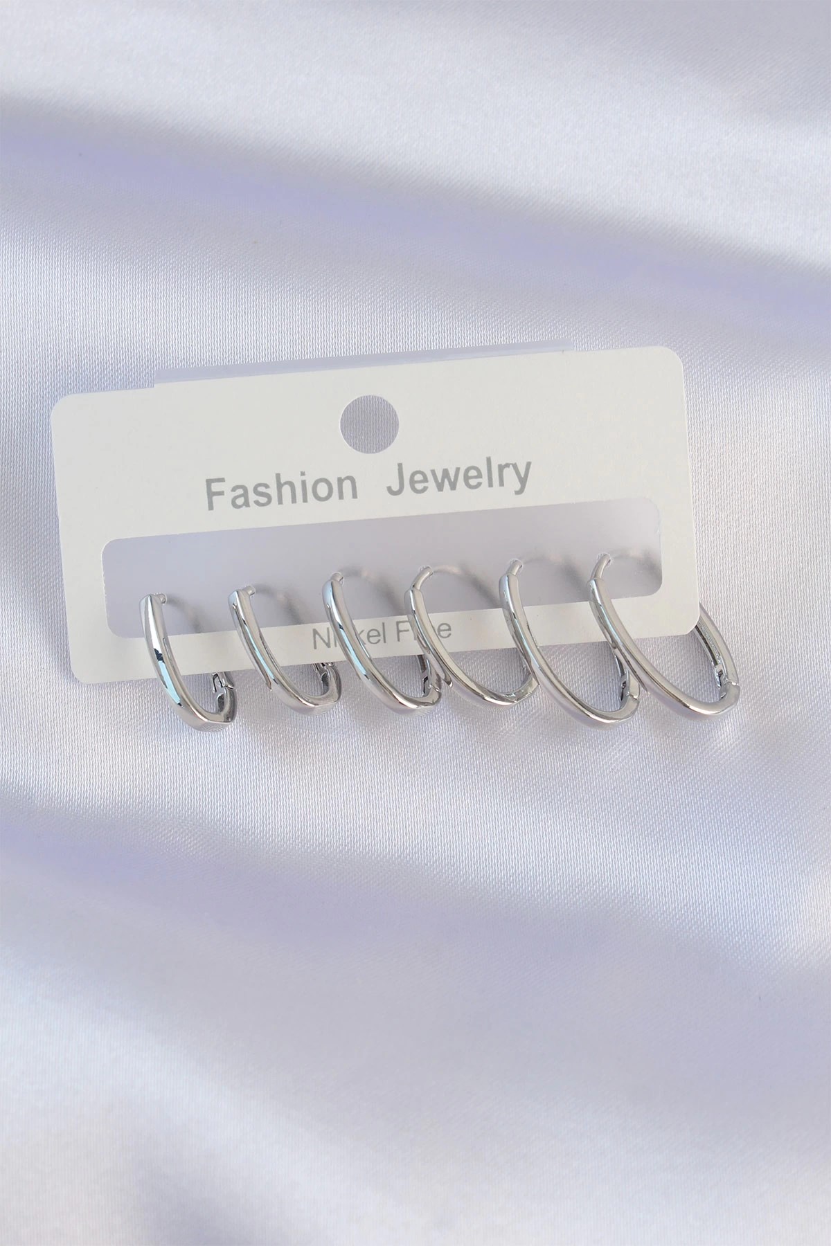 Mey İthalat® Pirinç Gümüş Renk İnce Oval Küpe Seti