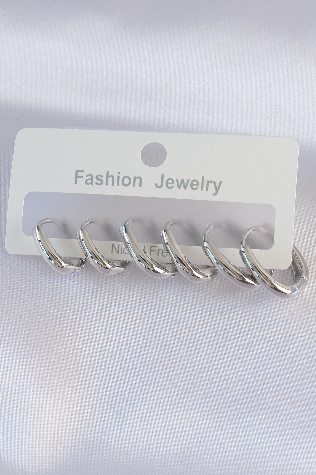 Mey İthalat® Pirinç Gümüş Renk Oval Küpe Seti