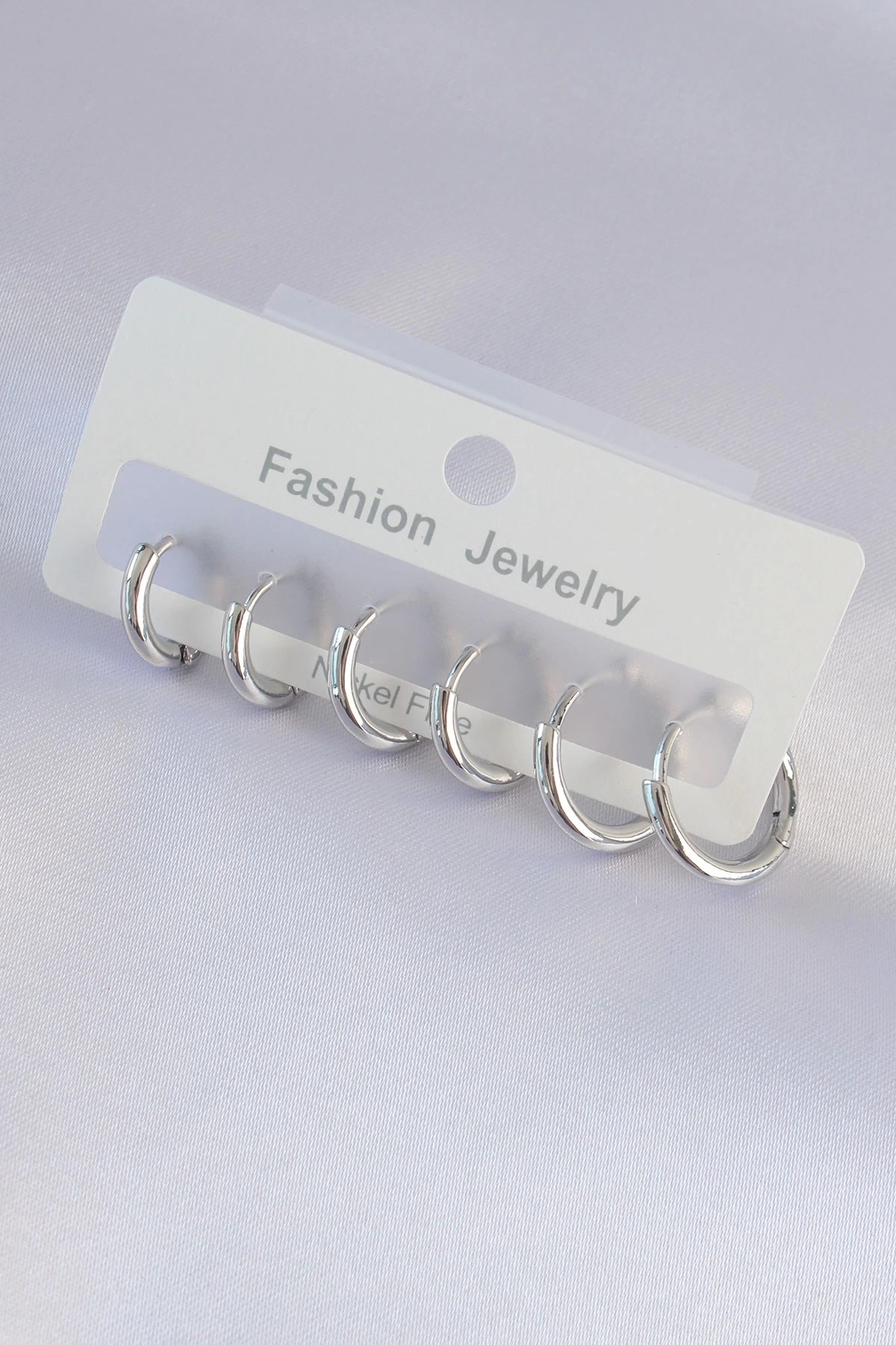 Mey İthalat® Pirinç Gümüş Renk Oval Küpe Seti