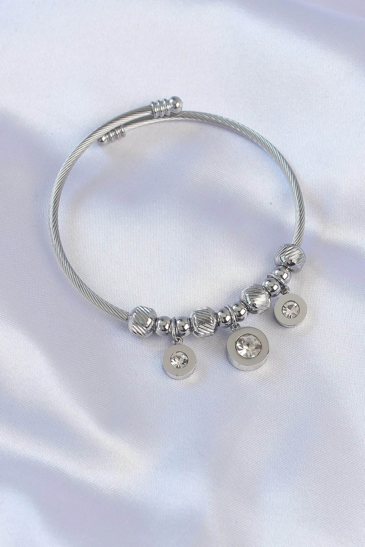 Mey İthalat® 316L Çelik Gümüş Renk Zirkon Taşlı Model Charm Bileklik