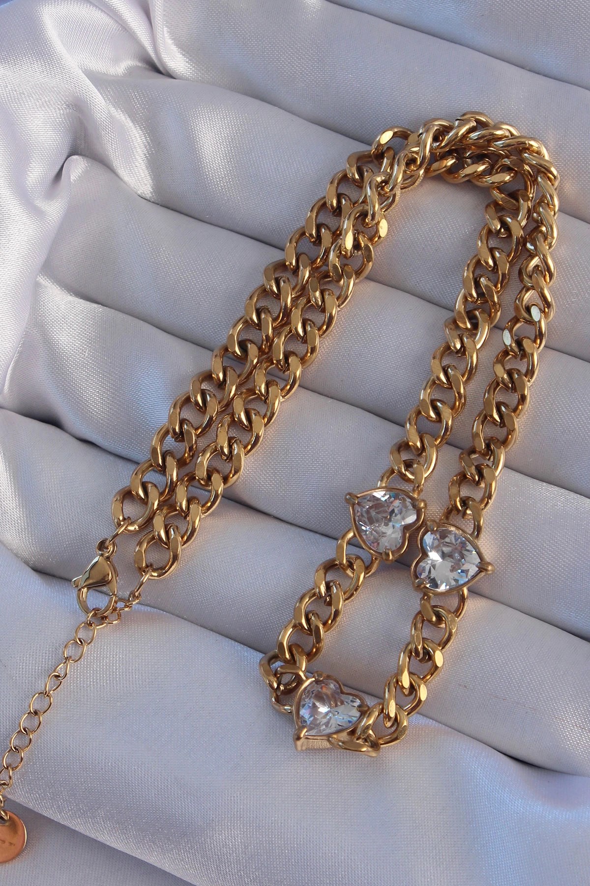 Mey İthalat® 316L Çelik Gold Renk Zirkon Taşlı Kalp Model Zincir Kolye