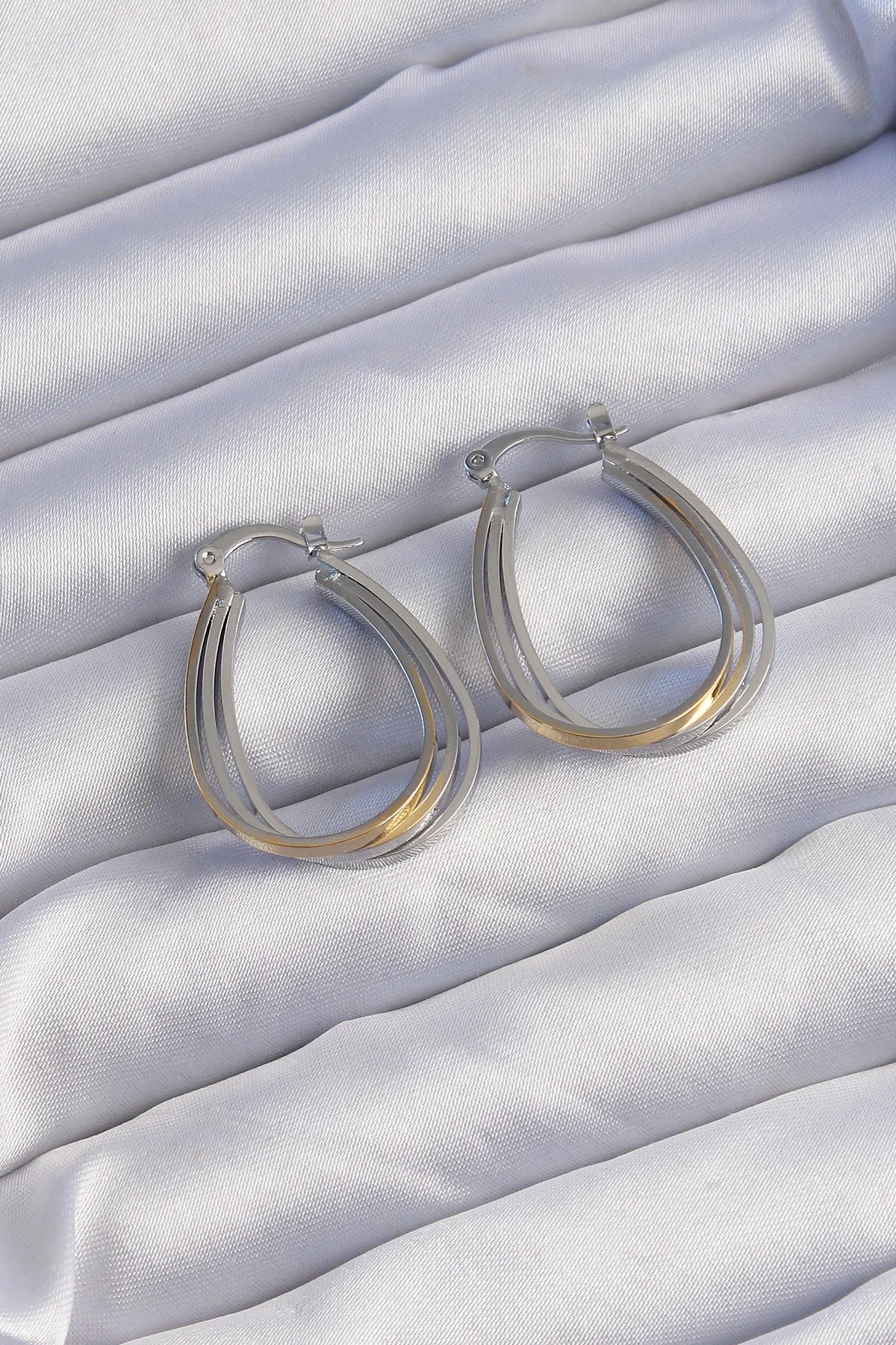 Mey İthalat® Pirinç Gold Gümüş Renkli Oval Çoklu Görünümlü Küpe
