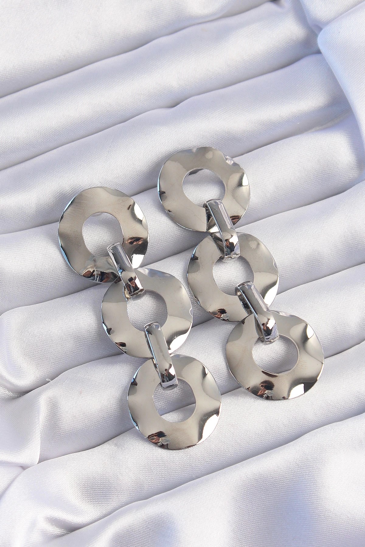 Mey İthalat® Pirinç Gümüş Renk Oval Ayna Model Sallantılı Küpe