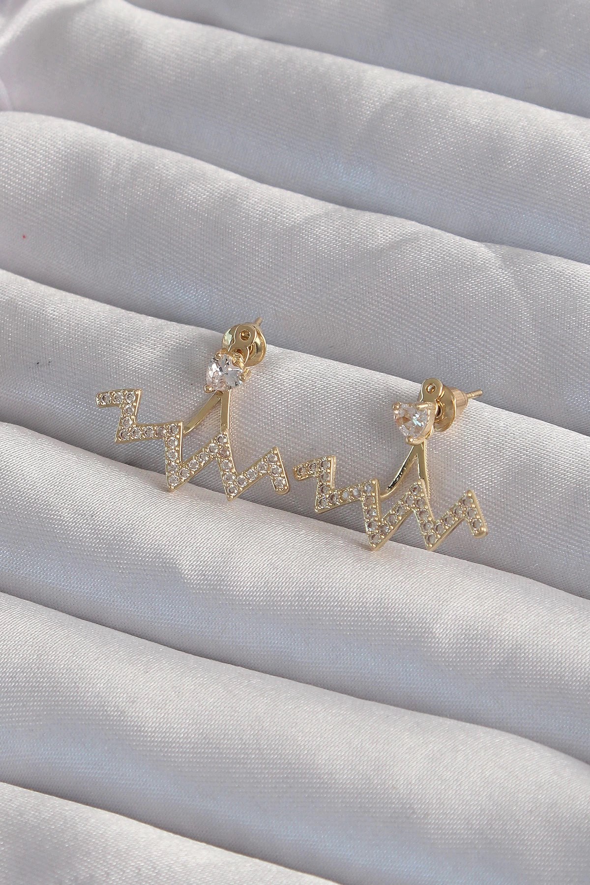 Mey İthalat® Pirinç Gold Renk Zirkon Taşlı Zikzak Küpe