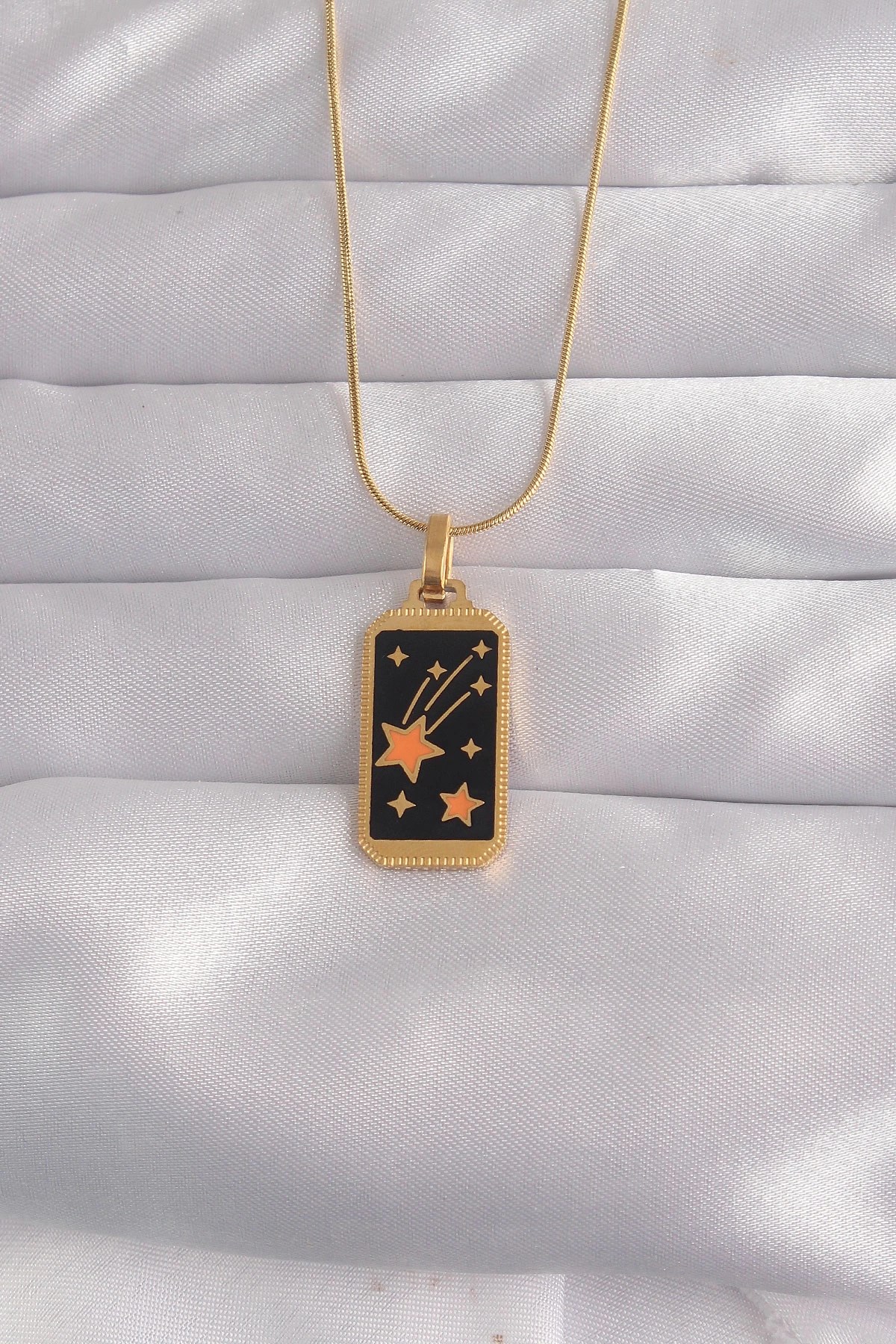 Mey İthalat® 316L Çelik Gold Renk Siyah Mineli Yıldız Figür Tarot Kolye