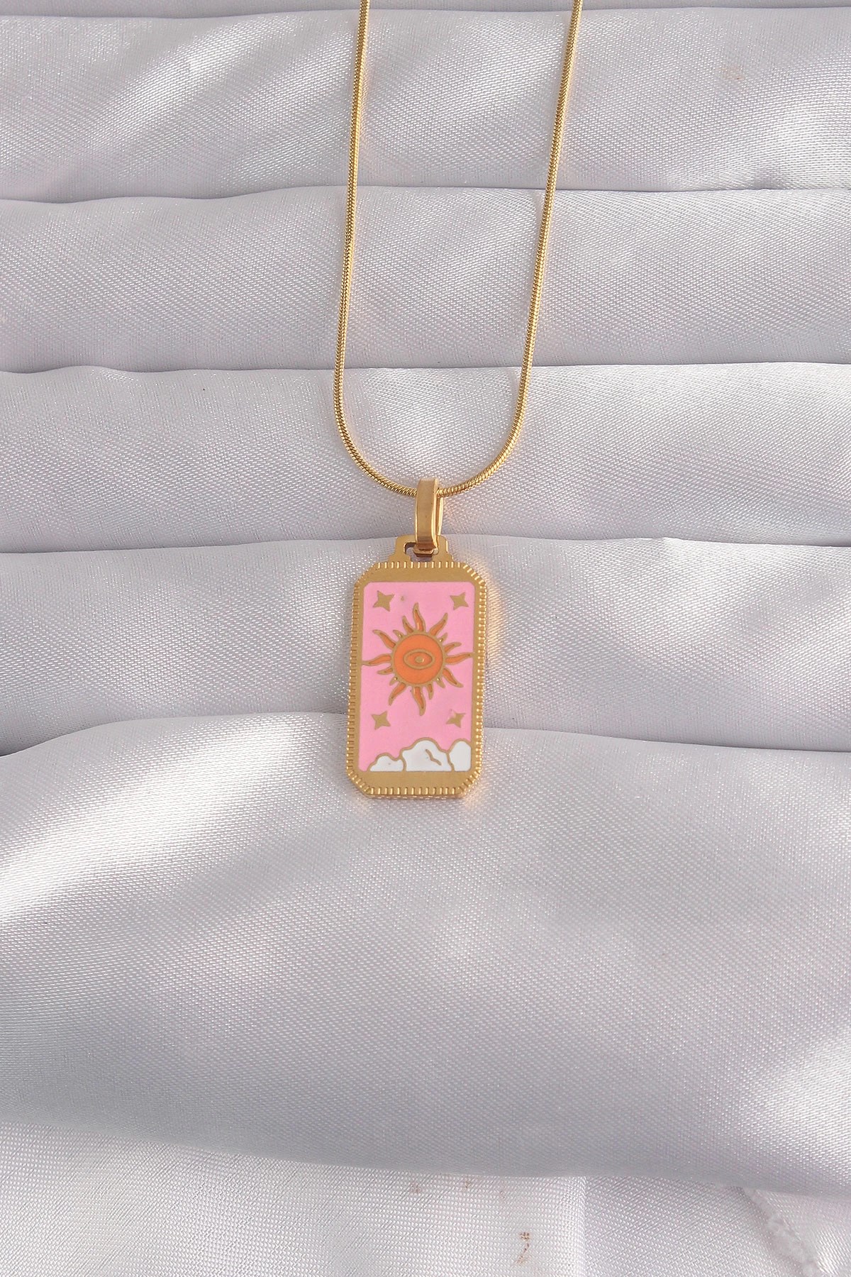 Mey İthalat® 316L Çelik Gold Renk Pembe Mineli Güneş Model Tarot Kolye
