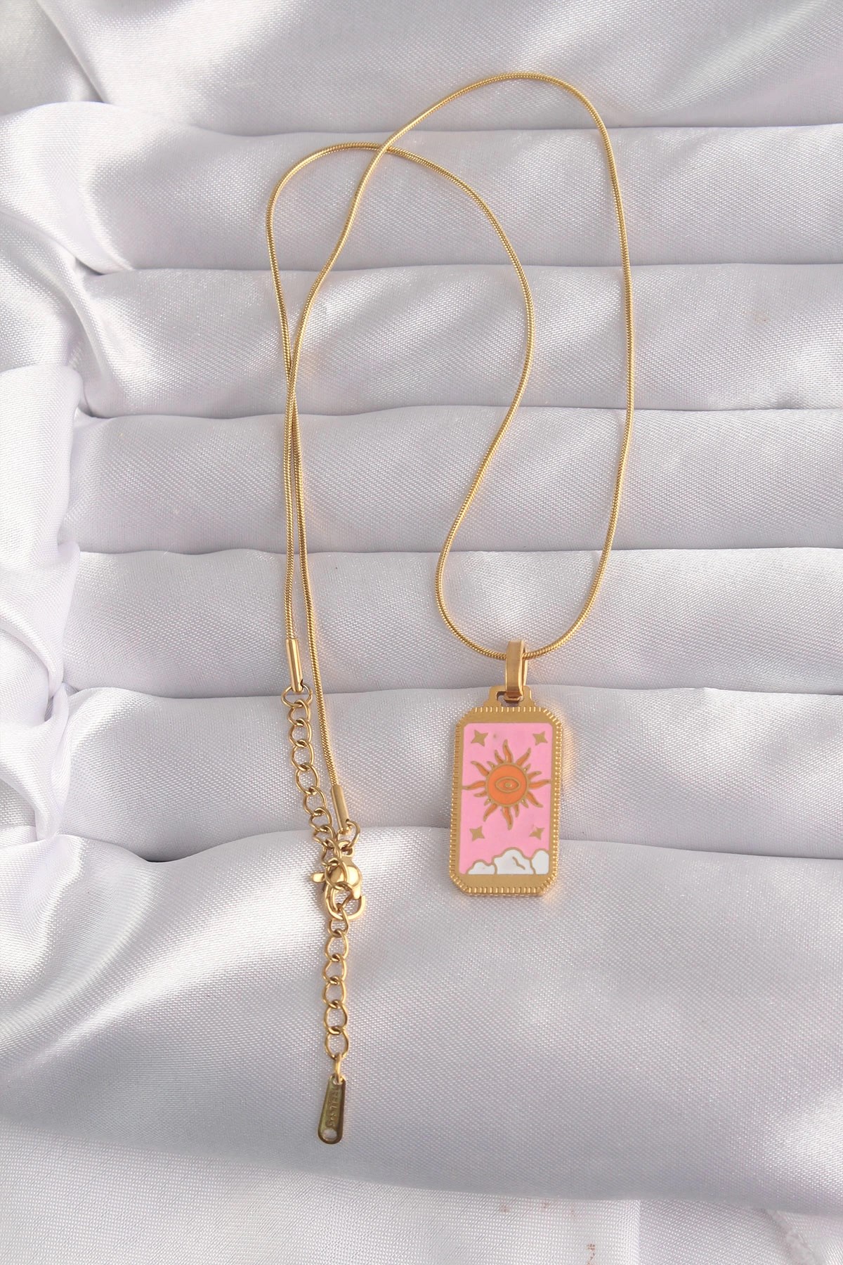Mey İthalat® 316L Çelik Gold Renk Pembe Mineli Güneş Model Tarot Kolye