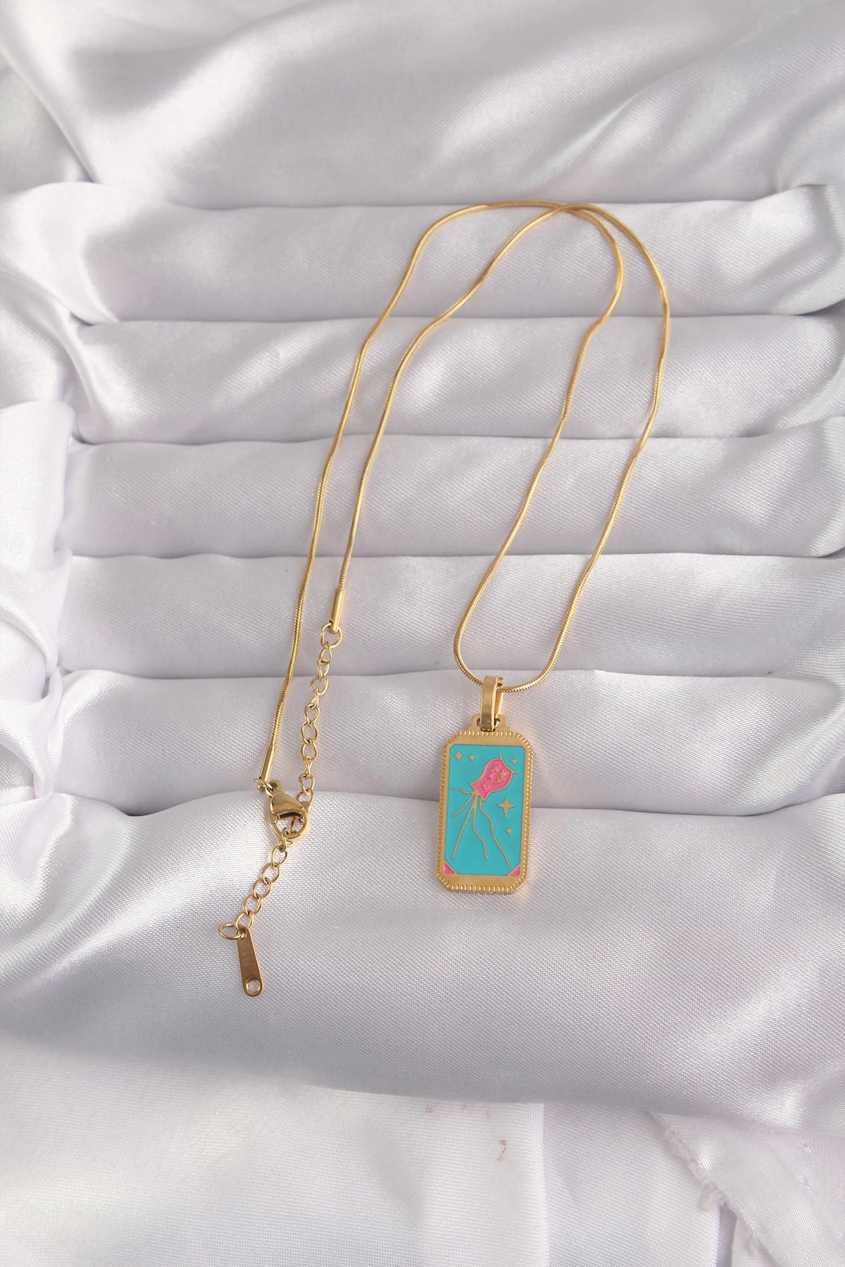 Mey İthalat® 316L Çelik Gold Renk Mavi Mineli Tarot Kolye