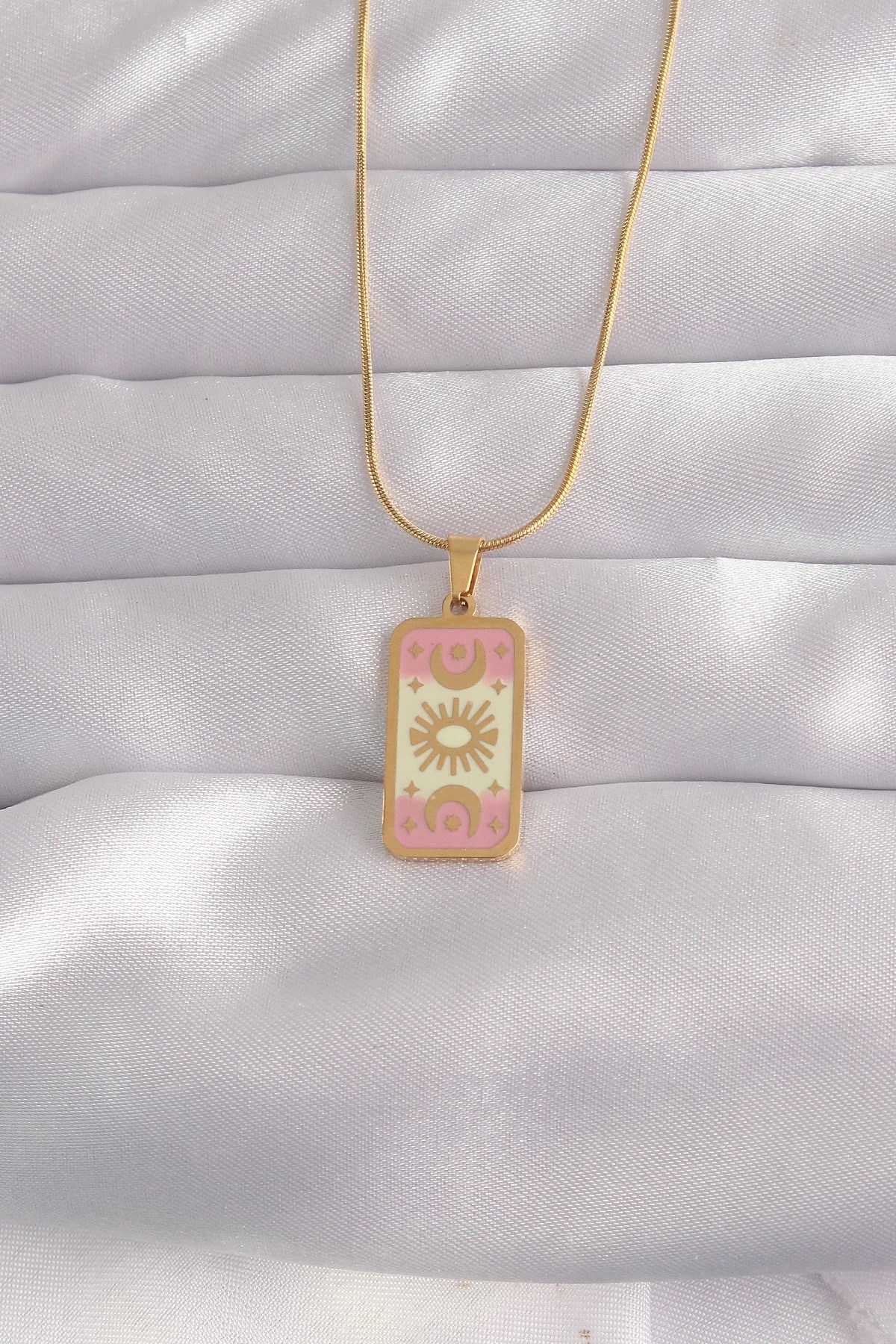Mey İthalat® 316L Çelik Gold Renk Karışık Mineli Ay Figür Tarot Kolye