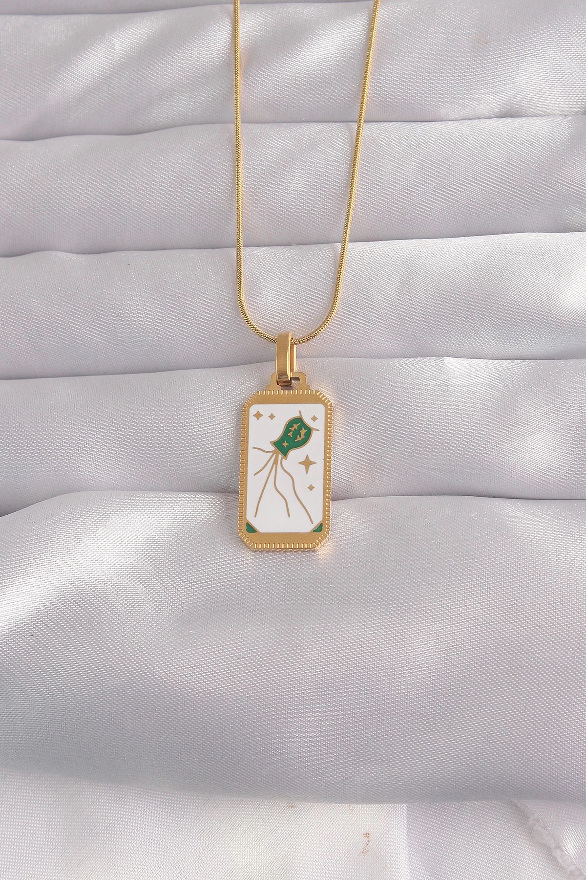 Mey İthalat® 316L Çelik Gold Renk Beyaz Mineli Tarot Kolye