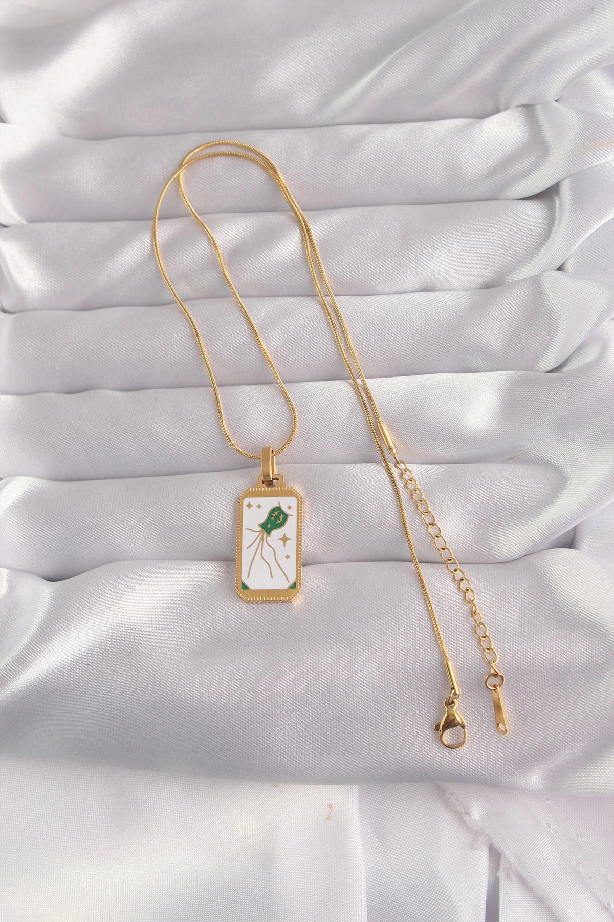 Mey İthalat® 316L Çelik Gold Renk Beyaz Mineli Tarot Kolye