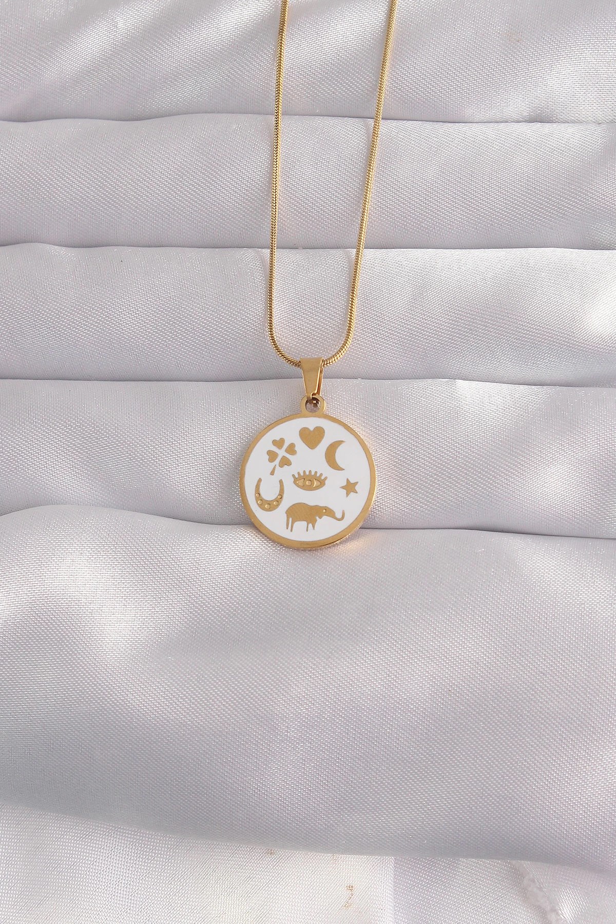 Mey İthalat® 316L Çelik Gold Renk Beyaz Mineli Karışık Figürlü Tarot Kolye