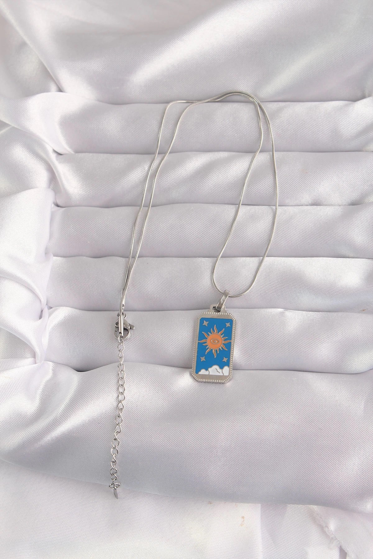 Mey İthalat® 316L Çelik Gümüş Renk Mavi Mineli Güneş Model Tarot Kolye