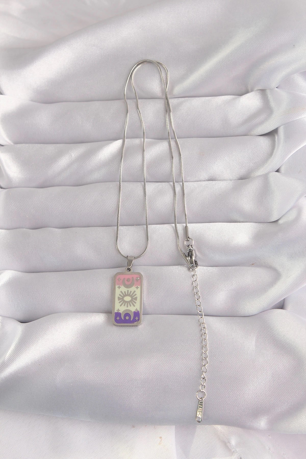 Mey İthalat® 316L Çelik Gümüş Renk Karışık Mineli Ay Figür Tarot Kolye