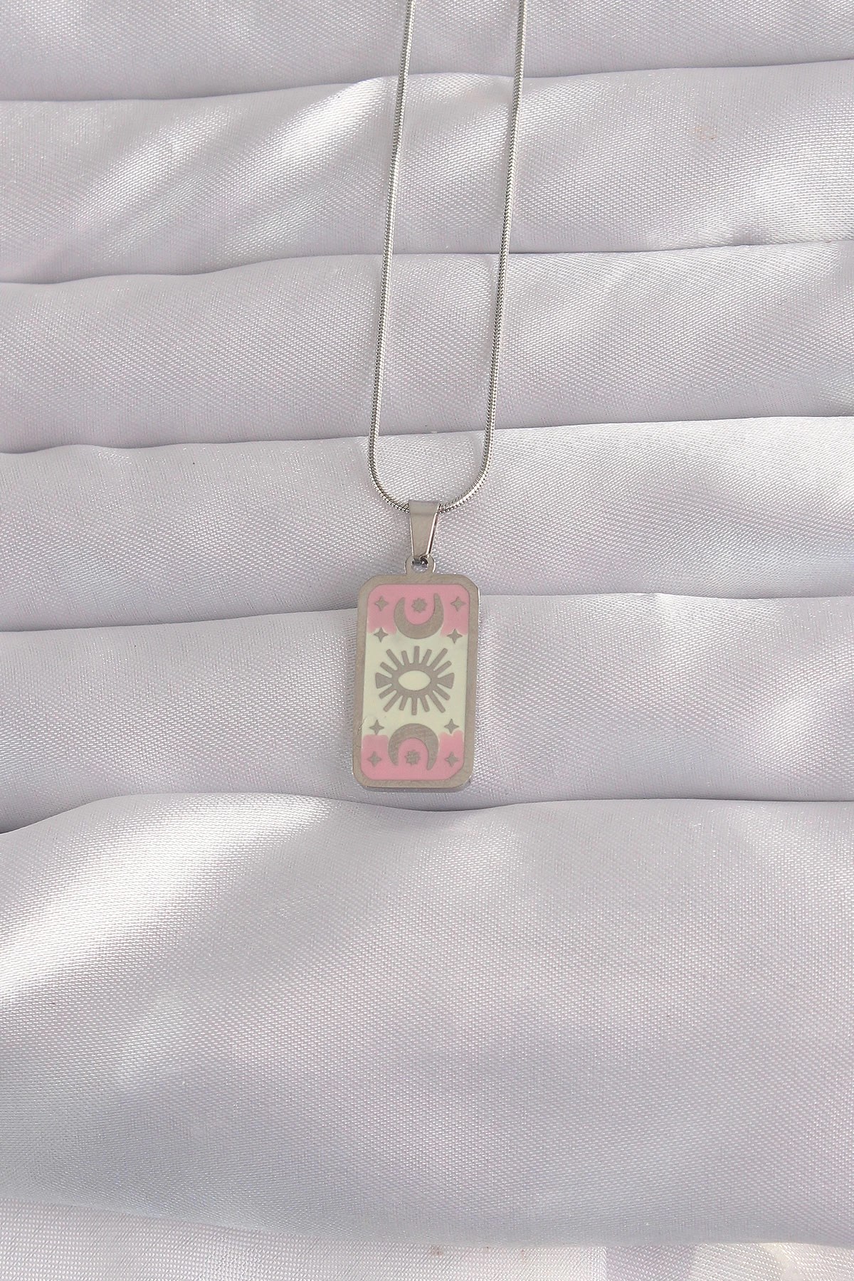 Mey İthalat® 316L Çelik Gümüş Renk Pembe Mineli Ay Figür Tarot Kolye