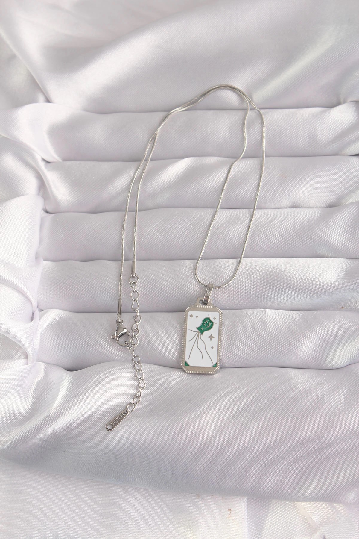 Mey İthalat® 316L Çelik Gümüş Renk Beyaz Mineli Tarot Kolye