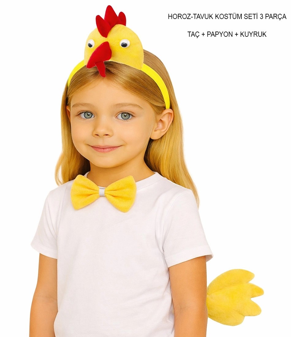 Mey İthalat® Çocuk Horoz Tavuk Kostüm Seti 3 Parça (Taç + Papyon + Kuyruk)
