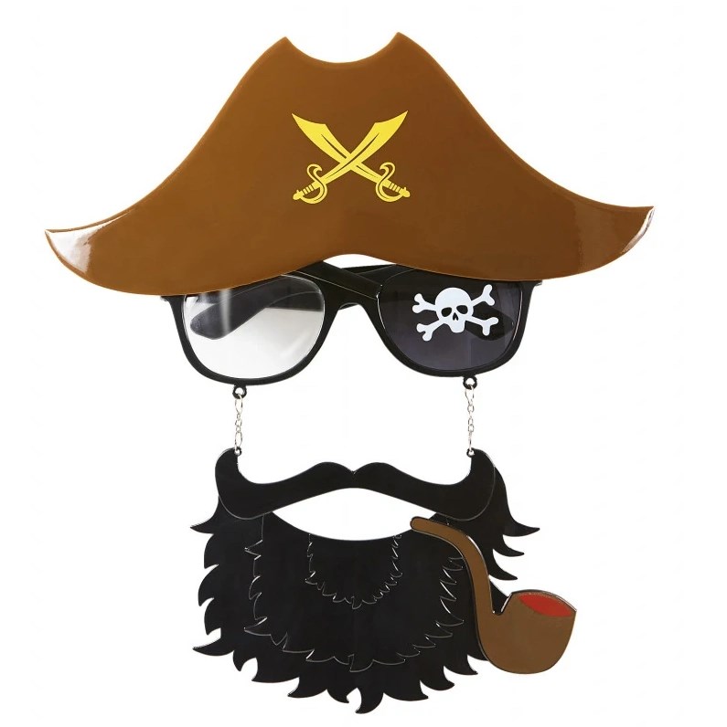 Mey İthalat® Kahve Renk Şapkalı Siyah Sakallı Pipolu Jack Sparrow Denizci Korsan Gözlüğü 24x25 cm