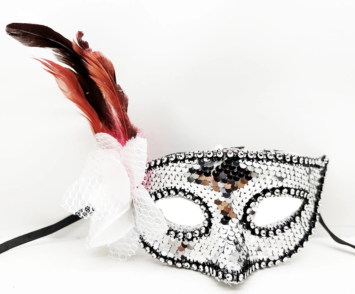 Mey İthalat® Gümüş Renk Yandan Tüylü Güllü Gümüş Taşlı Pullu Maske 20x22 cm