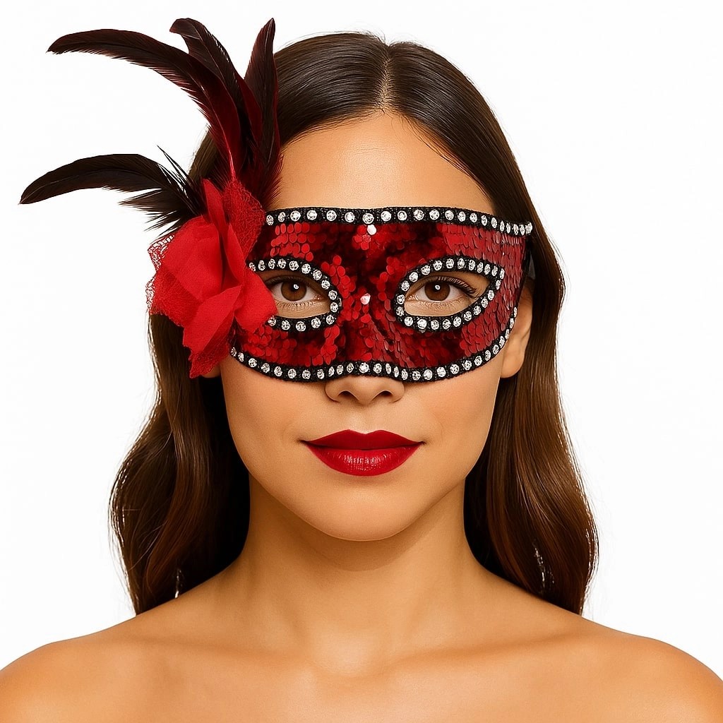 Mey İthalat® Kırmızı Renk Yandan Tüylü Güllü Gümüş Taşlı Pullu Maske 20x22 cm