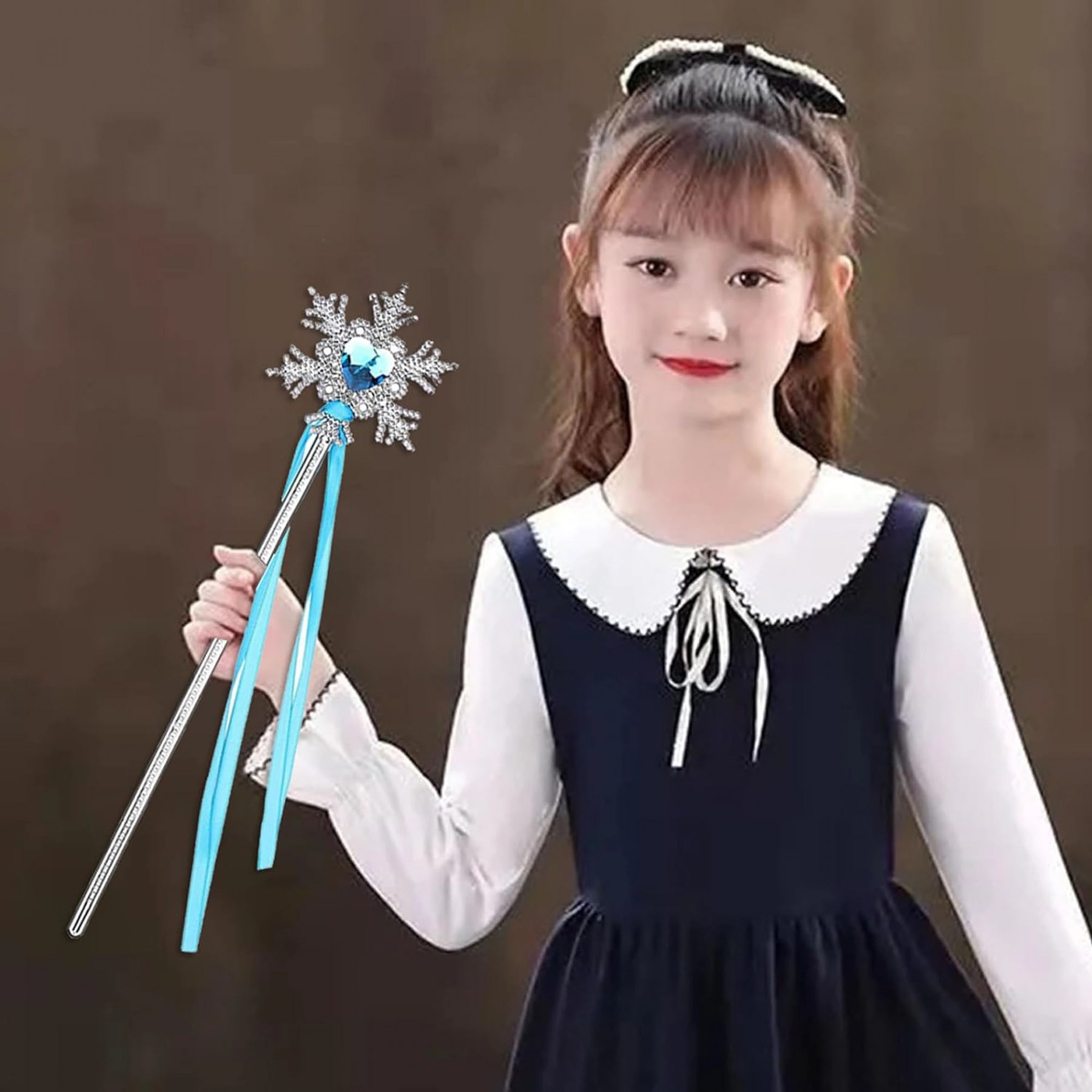 Mey İthalat® Kar Taneli Mavi Kalp Taşlı Saten Kurdeleli Karlar Ülkesi Elsa Asası Sopası 34 cm