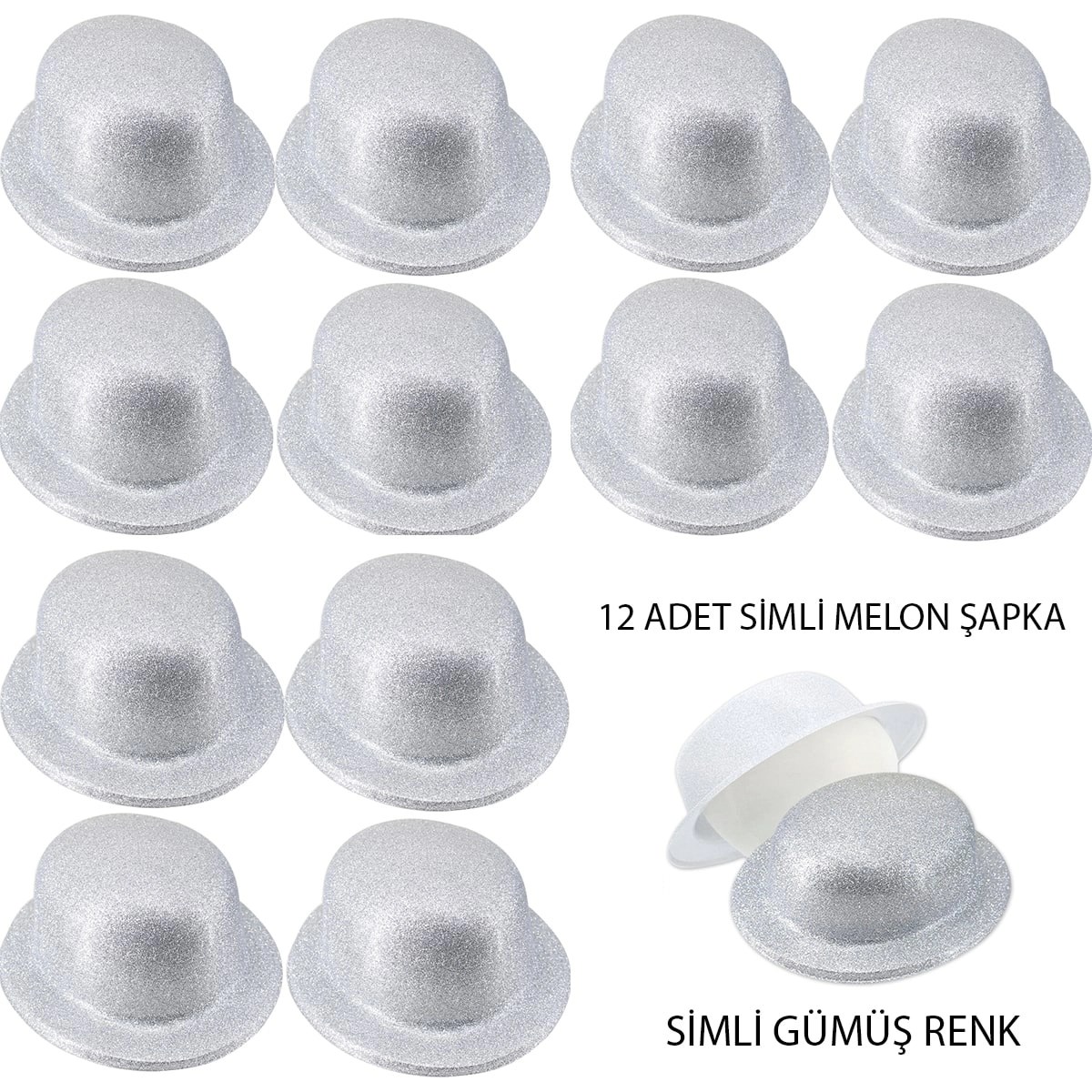 Mey İthalat® Gümüş Renk Simli Melon Yuvarlak Parti Şapkası 12 Adet