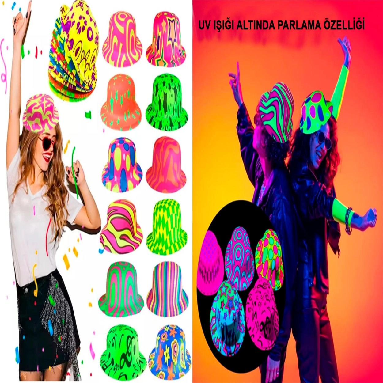 Mey İthalat® Farklı Desenlerde Plastik Neon UV Işık Parti Şapkası 1 Adet