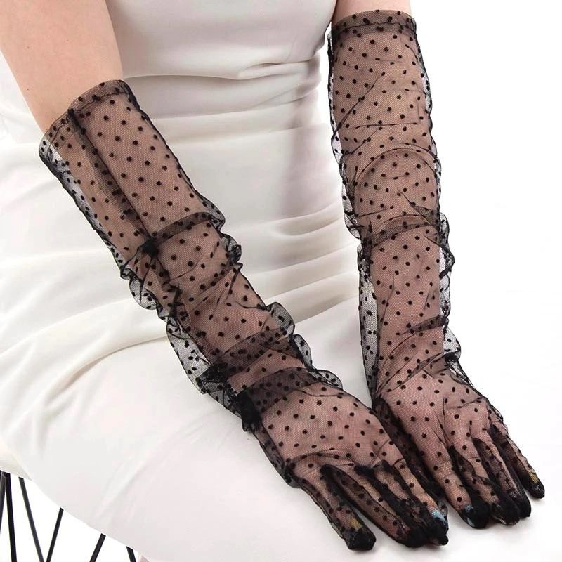 Mey İthalat® Uzun Boy Siyah Puantiyeli Siyah Renk Yetişkin Tül Eldiven 55 cm