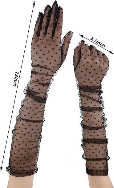 Mey İthalat® Uzun Boy Siyah Puantiyeli Siyah Renk Yetişkin Tül Eldiven 55 cm