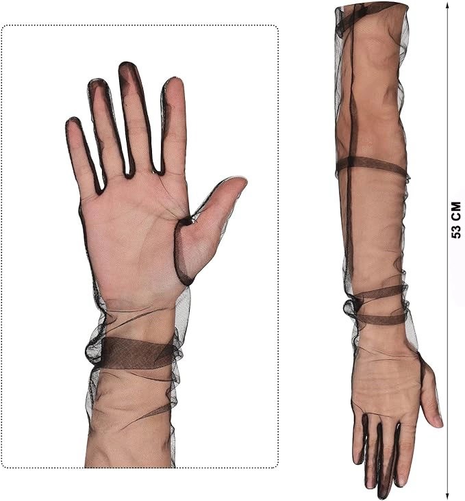 Mey İthalat® Uzun Boy Likralı Siyah Renk Yetişkin Mega Tül Eldiven 53 cm