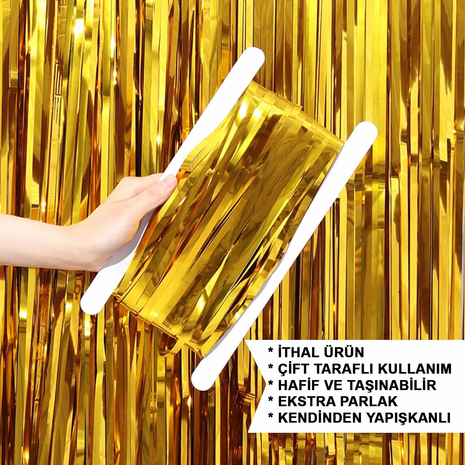 Mey İthalat® Altın Gold Renk Ekstra Metalize Parlak Saçaklı Arka Fon Perde İthal A Kalite 1x2 Metre
