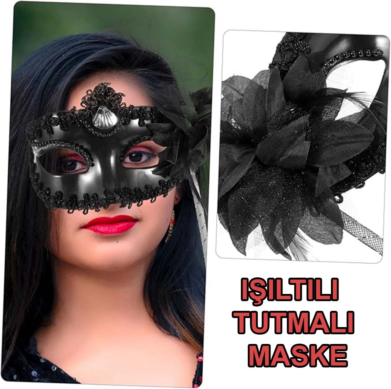 Mey İthalat® Siyah Işıltılı Tutmalı Fotoğraf Çekimi Maskesi 18x29 cm