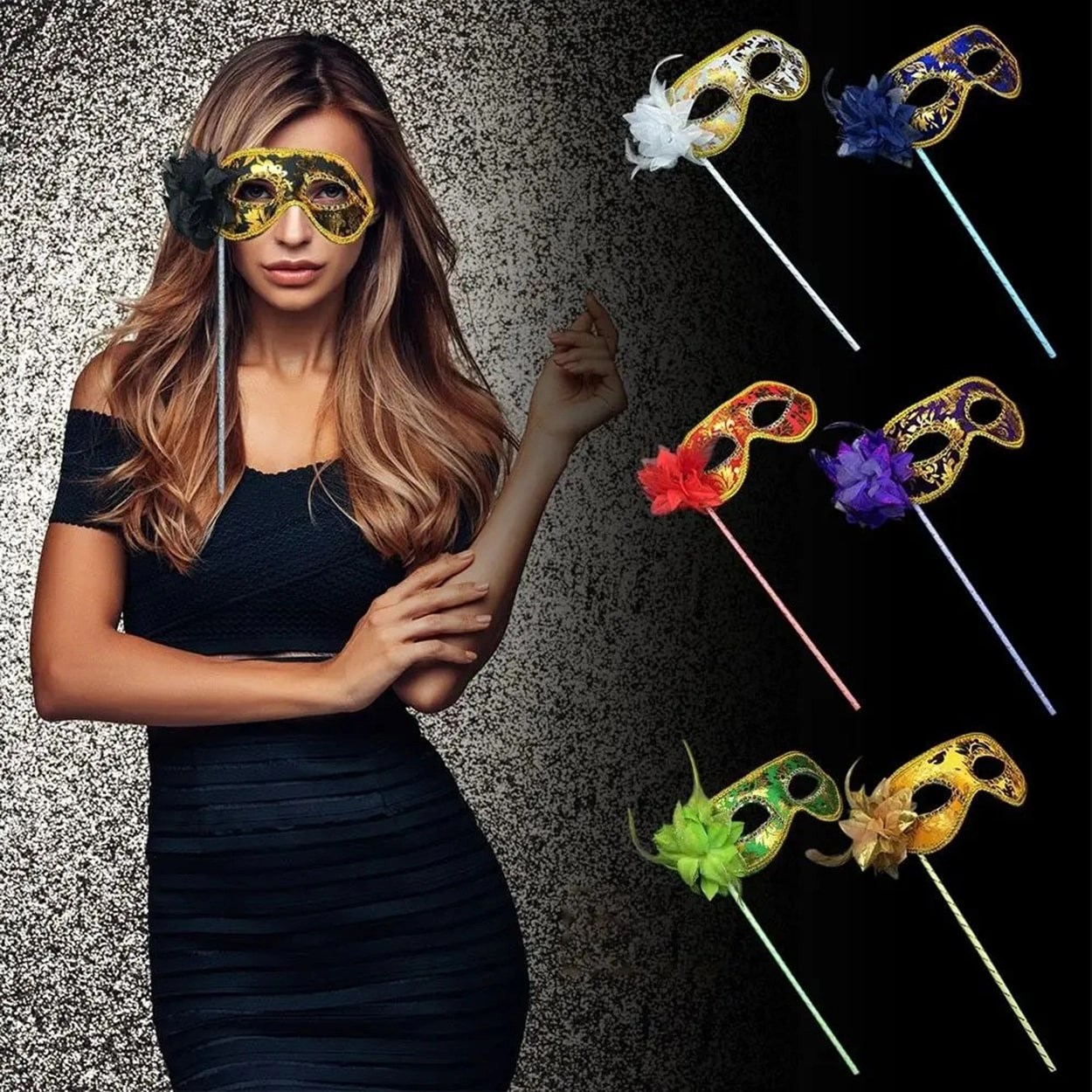 Mey İthalat® Lüks Taşlı Saplı Maskeli Balo Maskesi Altın Renk 35 cm