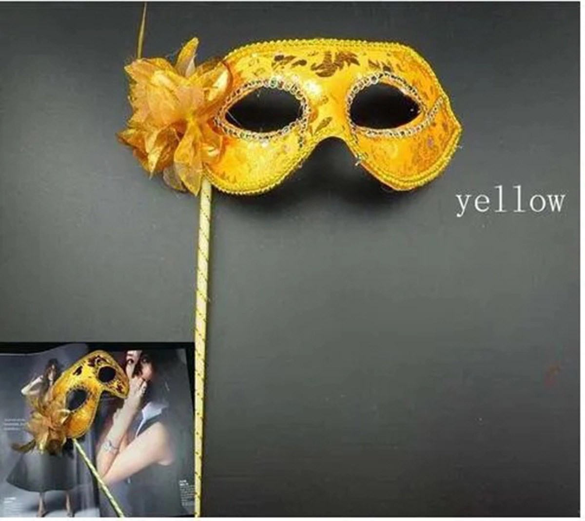 Mey İthalat® Lüks Taşlı Saplı Maskeli Balo Maskesi Altın Renk 35 cm