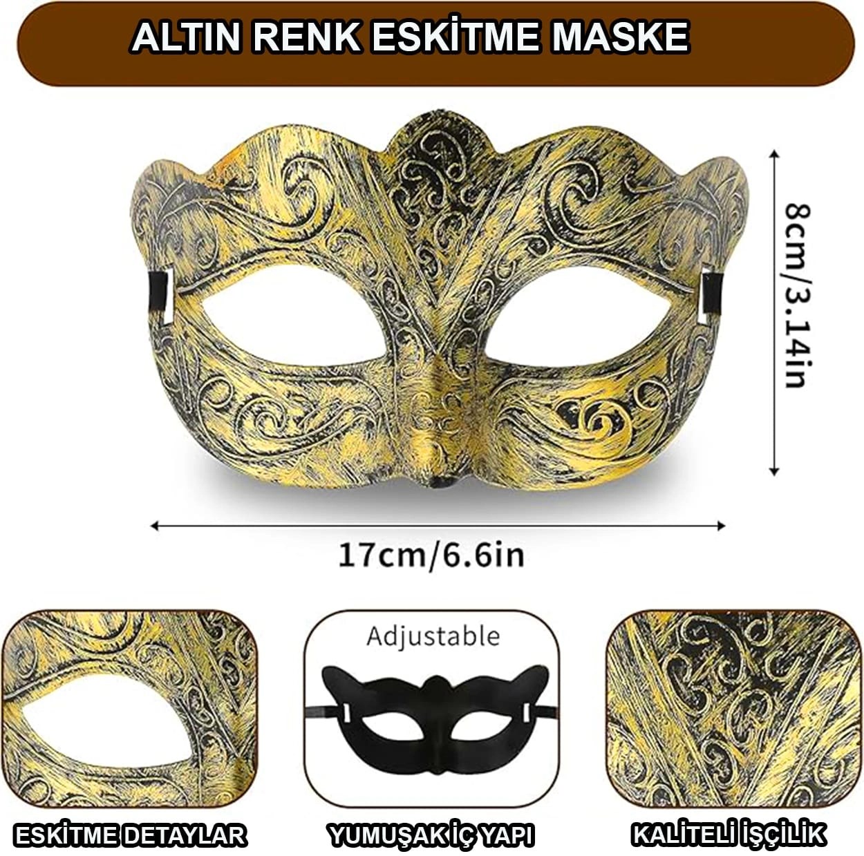 Mey İthalat® Altın Renk Eskitme Maskeli Balo Maskesi – Venedik Tarzı Parti Maskesi