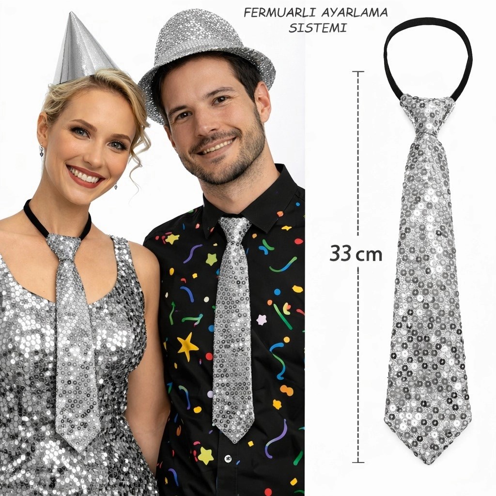 Mey İthalat® Gümüş Renk Pul Payetli Işıltılı Parti Kravatı 33 cm
