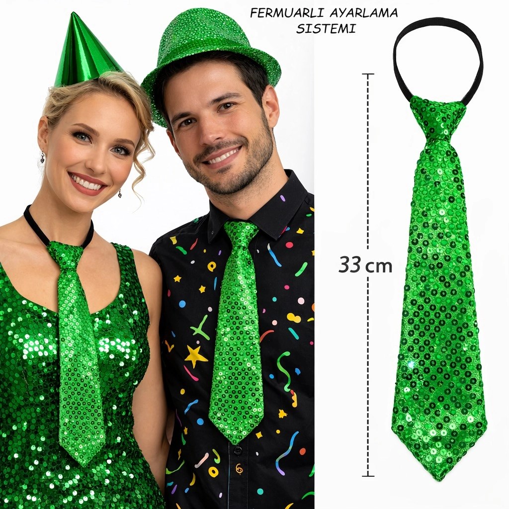 Mey İthalat® Yeşil Renk Pul Payetli Işıltılı Parti Kravatı 33 cm