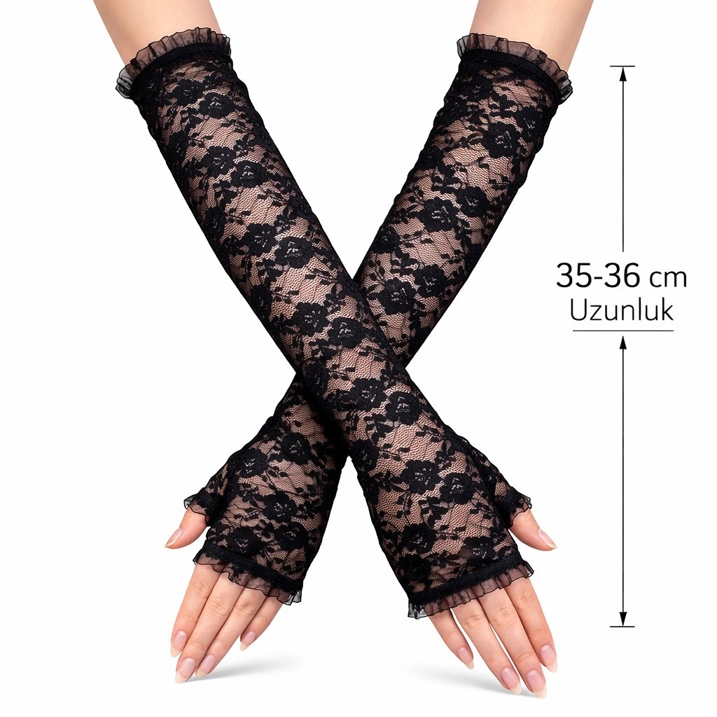 Mey İthalat® Uzun Zarif Dantel Eldiven Parmaksız Siyah 35 cm
